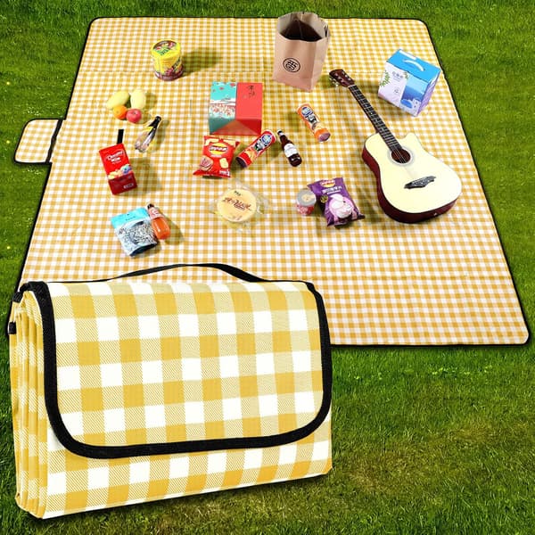 Picnic Blanket (200 cm x 200 cm) — Waterproof, Washable, Lightweight, with Handle — Yellow and Pink Plaid Pattern