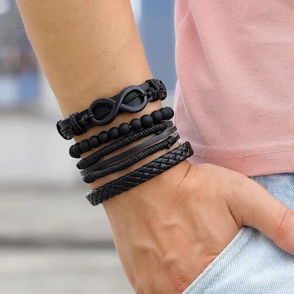 4-pack Handmade Bracelets Men's Leather Bracelets Black