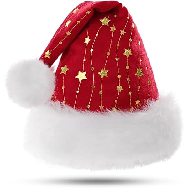 HA~Julemandshue til voksne, fluffy julehat med gyldne stjerner, varm stor julehat til mænd og kvinder