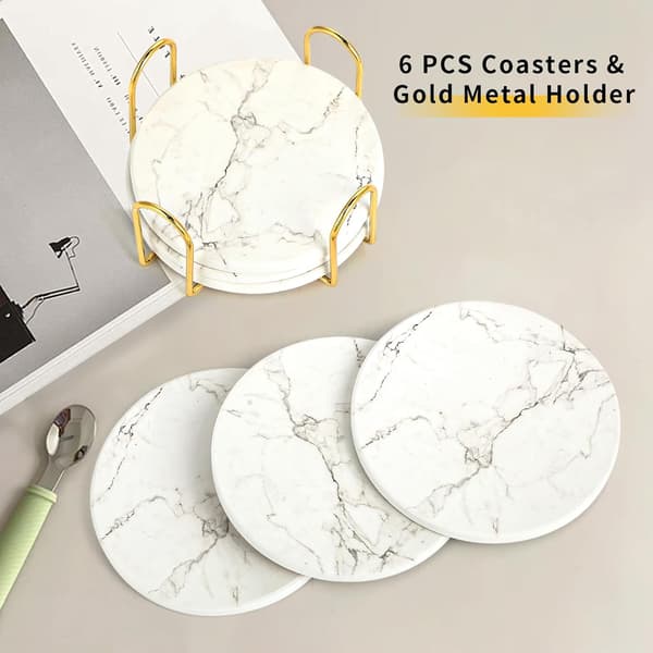 Coasters - Sett med 6 Coasters - Absorberende Coasters - Sklisikker Bunn - Rask Vannabsorpsjon - Marmormønster