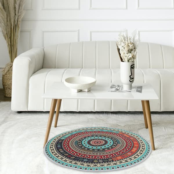 Boho Tæppe Rundt Gulvtæppe 2ft Polyester Vaskbart Let at Rengøre Farverigt Boheme Tæppe