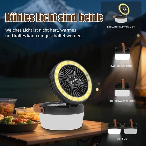 USB solcelle campingventilator, bordventilator, lampe, 90°, 4 lys, 3 hastigheder, sort.