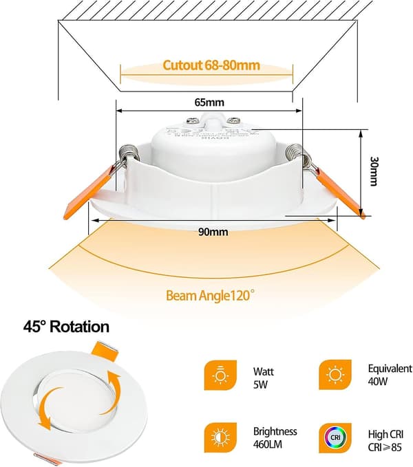 Dimmable Recessed LED Spotlight 5W 4000K Neutral White 460LM Extra Flat LED Spotlight 230V Adjustable 45° Hole Diameter 68mm Round White Bathroom