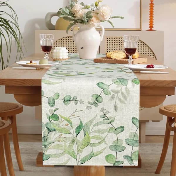 HA~Eucalyptus Leaf Summer Table Runner Sage Green Tablecloth Cotton Linen Seasonal Table Runner, 33x183cm