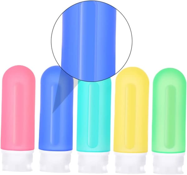 5-pack läckagesäkra reseflaskor, silikonklämbehållare för schampo, balsam, kroppstvätt, lotion, bärbar