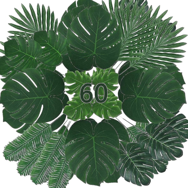 Sett med 60 kunstige tropiske palmeblader, Monstera-blader med stilker for safari eller tropiske festdekorasjoner