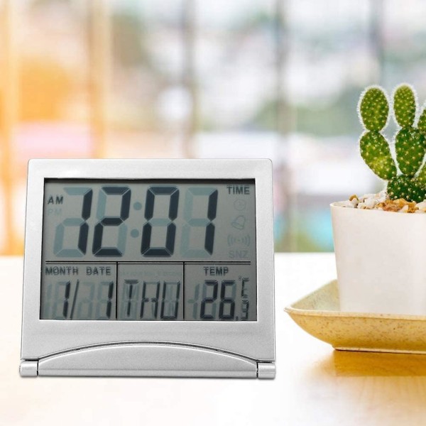 Digital väckarklocka Bärbar Vikbar Temperaturkalender Snooze LED-display Klocka med Läderfodral (1st, Silver)