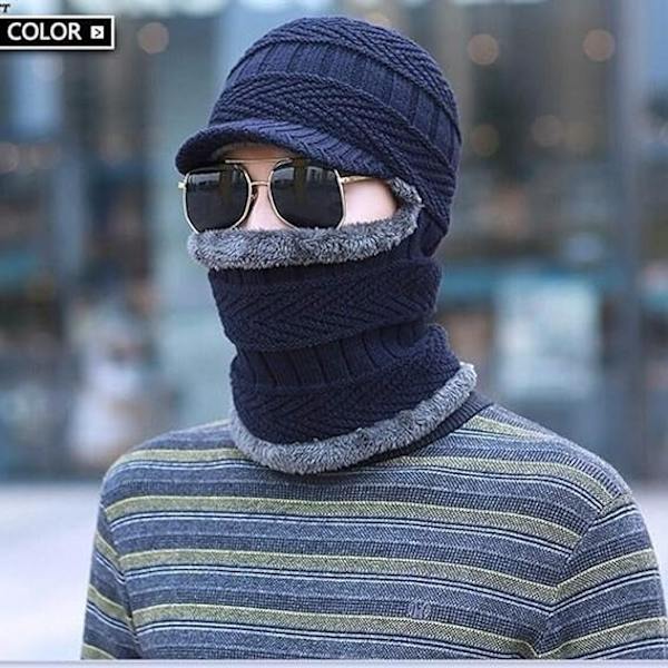 Strikket Hat og Halsklæde i Ét Stykke, Vinter Fleeceforet Uld Beanie Hat Halsvarmere To i Ét til Mænd Kvinder