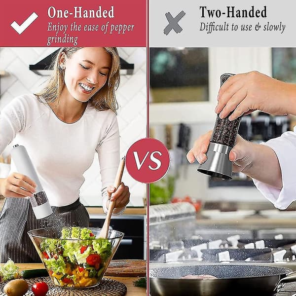 Electric Salt and Pepper Grinder - Automatic, Refillable, Stainless Steel Spice Grinders with Light-26 (White)