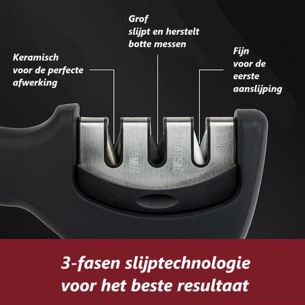Dutchers 3-step knife sharpener with non-slip base and ergonomic handle for kitchen knives and scissors, black