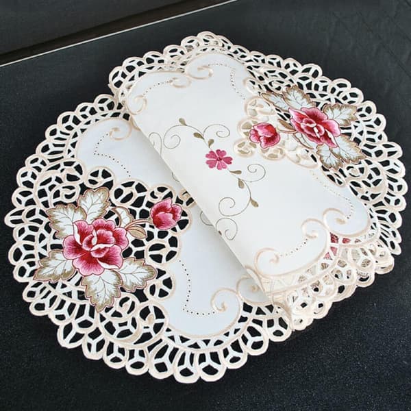 Embroidered Tablecloth, White Oval Lace Tablecloth, Embroidered Floral Table Runner, Home Decor 16\" x 33\"