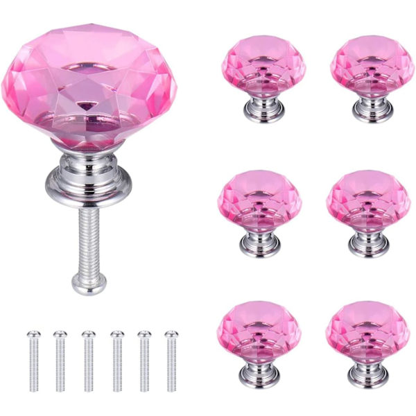6 st Crystal Door Knobs, Drawer Knobs, Diamond Knobs with Screws for Home, Kitchen, Office, Drawer Decoration, Pink, 30mm