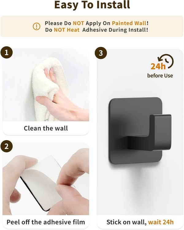 Self-Adhesive Towel Hooks 4-pack - Square Wall Hooks for Towels Jackets Kitchen Bathroom - Modern Black Design