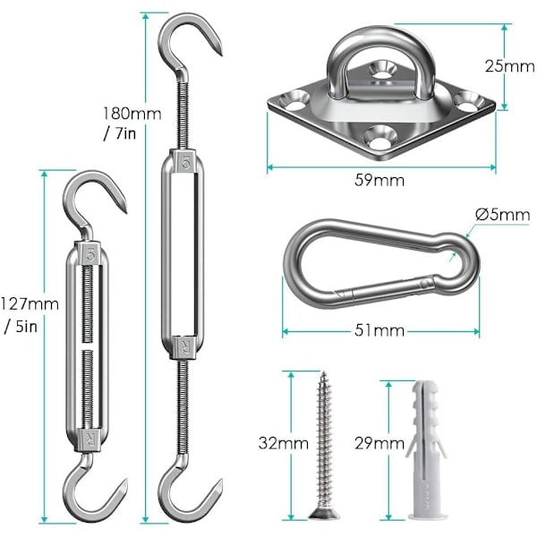 Skuggsegel Fästkit - 304 Rostfritt Skuggsegel, Skuggsegel Fästkit för Triangel, Kvadrat & Rektangel, Tungt