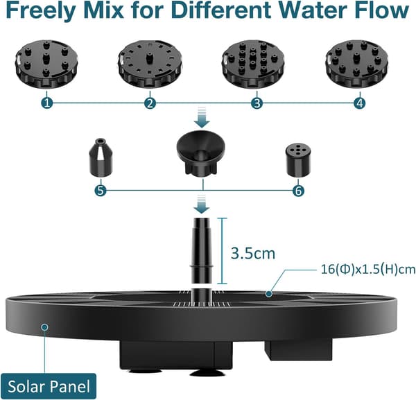Solcellsdriven fontänpump 1W, flytande solcellsdriven fontänkit med 6 munstycken