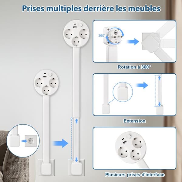 1500W power strip, 47-67cm extendable, with 3 outlets, 1 USB-C, 1 USB-A, switch, 360° rotation