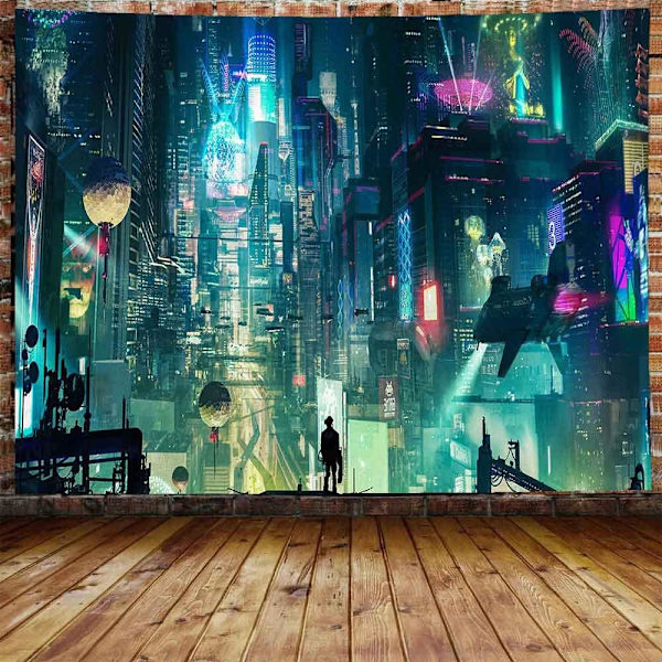 Fantasy Bybilde Veggteppe Futuristisk By Neon Punk Veggdekorasjon Tenåringsgutt Soverom Tepper 60×100CM for Stue Sovesal Sovesal