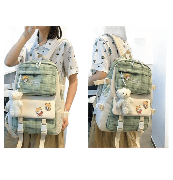 Five-piece School Bag Large Capacity Shoulder Bag Includes Bear Pendant-985 Green