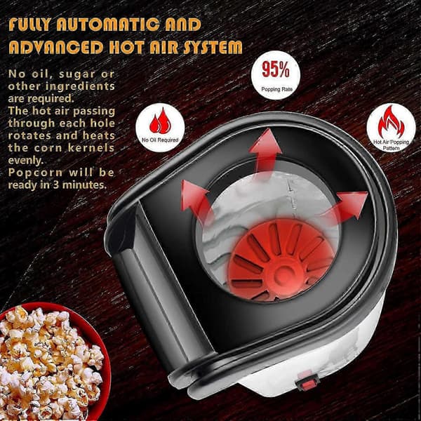 Air Popcorn Machine, Electric Hot Air Popcorn Maker - 1200W, Oil-Free US Plug