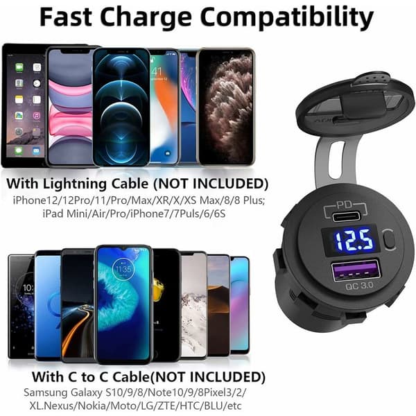 48W USB C Car Charger for Car Socket, 12V/24V PD&QC 3.0 Car Socket with LED Voltmeter and On/Off Switch Fast Car Charger