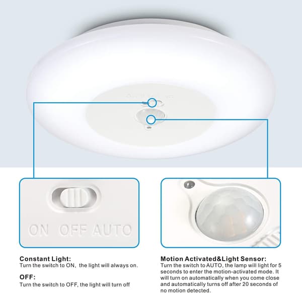 Motion Sensor LED Ceiling Light Battery Operated Wireless 6000K Ceiling Lamp for Closets Basements Wardrobe Pantry Stairs [Energy Class A+]