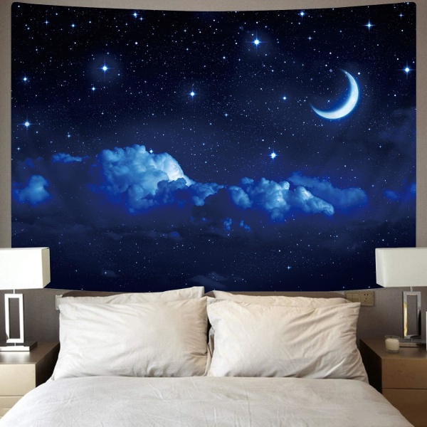 Måntapet Vägghängande för sovrum Måndekor Estetisk stjärngobeläng Blå himmel Nattmoln Halvmåne Bakgrund Poster Månsken