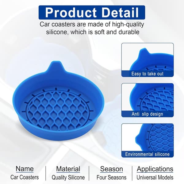 Car Cup Holder Coasters, Silicone Cup Holder Insert, Universal Non-Slip Cup Holders, Interior 4-pack Blue Blue