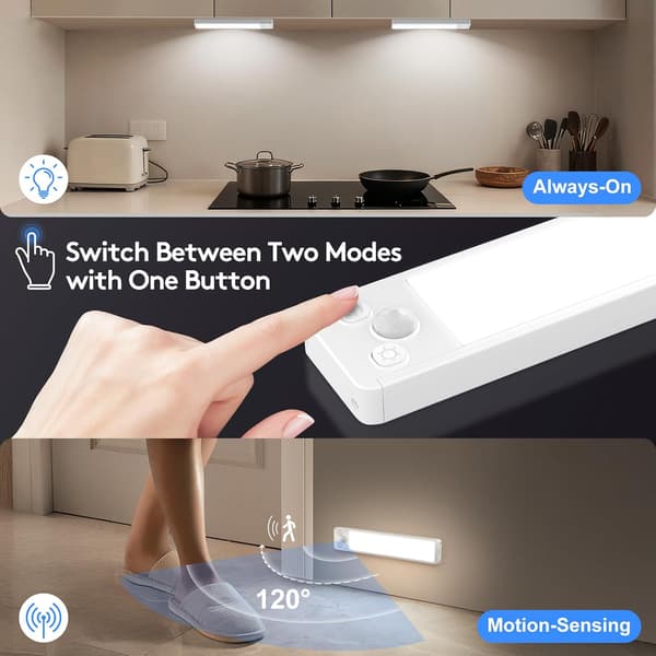 Under Cabinet Lighting - Rechargeable Tri-Color LED Strip with Magnetic Motion Detection, 2-Pack