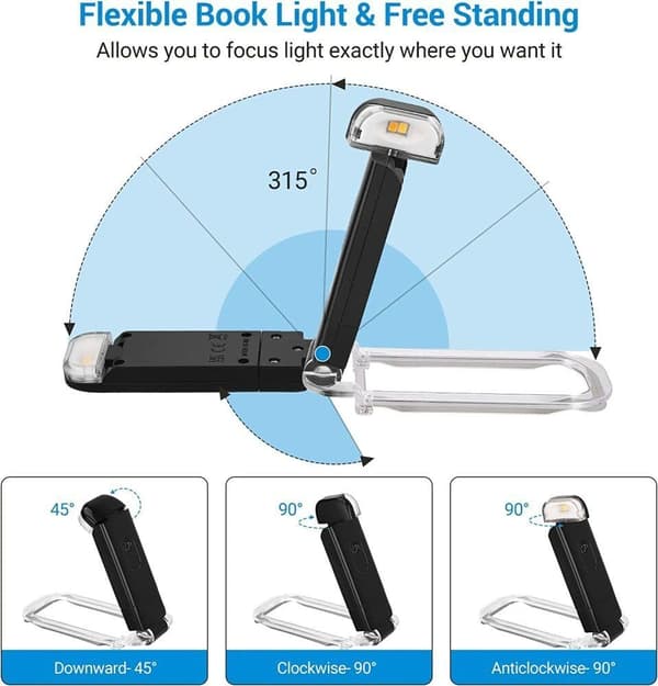 Portable USB Rechargeable LED Book Light with Clip for Reading in Bed, Adjustable Brightness, Dimmable Bookmark Lamp (Black)