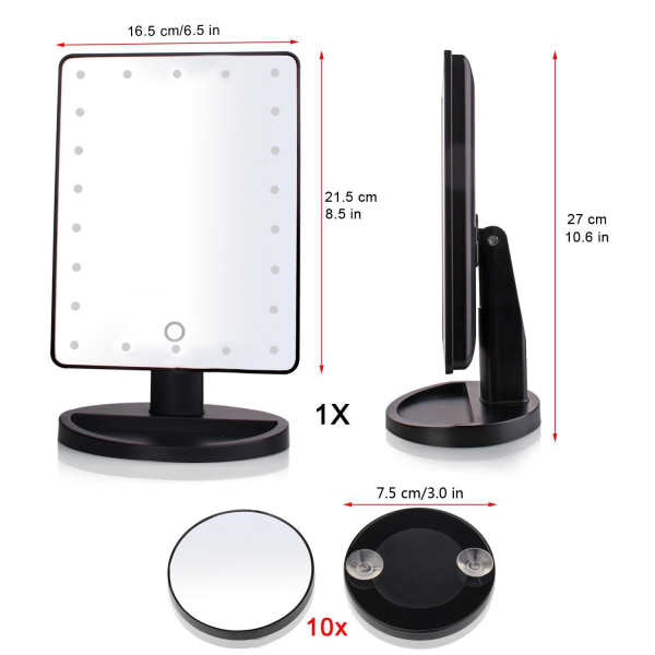 Musta valaistu peili, 10X suurentava led-meikkipeili, led-peili, USB ja akun lataus, 180° meikkipeili, Lu Magnifying Mi