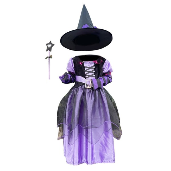 Halloween-heks-kjole med hatt for barn, lilla eventyrheks-kostyme, finstas, XL