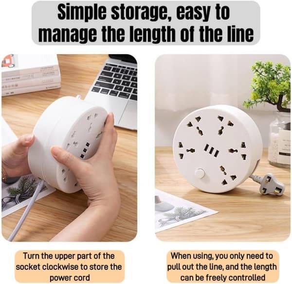 Retractable Travel Power Strip Universal Multi-Socket Long Small Portable Desktop Charging Hub for Home Travel Office White