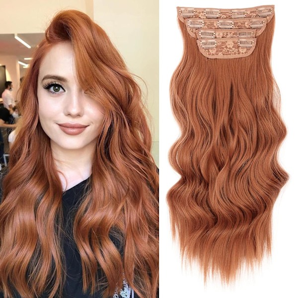 4 stk. Clip-in Lange Myke Glam Waves Tykke Hårdeler 20 tommer Mørk Auburn Brun Hårforlengelse Syntetisk Fiber Dobbel Weft Hår for Kvinner Fullt Hode