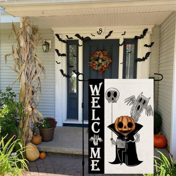 Halloween Velkommen Have Flag Jute Dobbeltsidet Lodret 12×18 Tommer Spooky White Ghost Jack Lantern Pumpkin Garden Decor