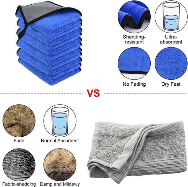 Microfiber Cleaning Cloths 6-pack, Thick Ultra-Soft Super Absorbent Towels for Car Wash, Kitchen, Windows, 30x40cm, Blue-Grey