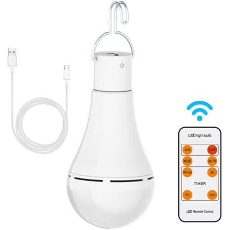 CHOYCLIT USB Rechargeable Light Bulb with Remote Control, 7W LED Battery Operated Lamp, Dimmable Bulb with Timer Function, Outdoor Camping Em[DB] White White