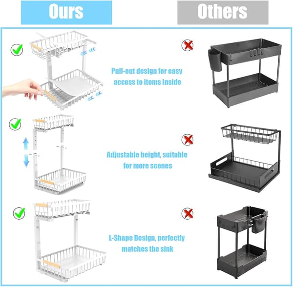 Under Sink Storage and Organization: 2-Tier Adjustable Height Under Sink Bathroom Organizers Multi-Purpose Bathroom Cabinet