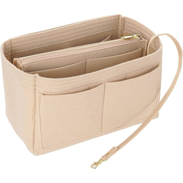 Pengepung Organizer Indsats til Håndtasker, Premium Filt Organizer med Lynlås Lomme, (Medium, Beige)