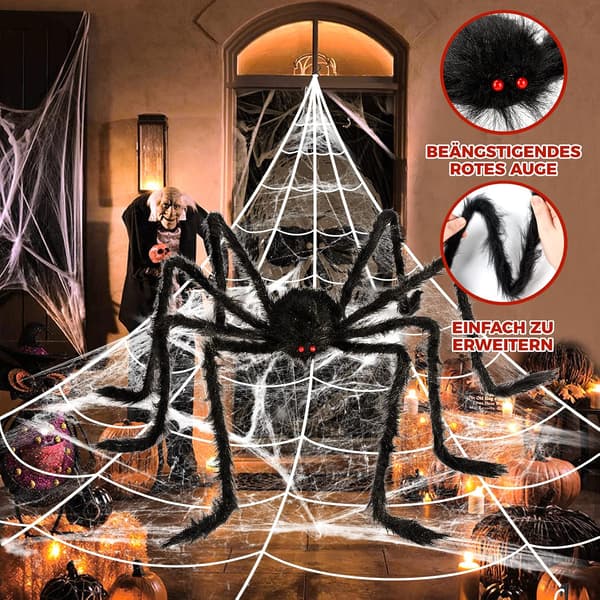 Halloween Decorations, Realistic Outdoor Plush Spider (50cm) + 5 Meter White Triangular Spider Web