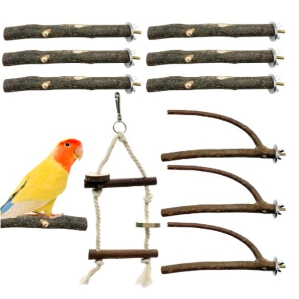Bird Parrot Perch Stand Set - 10 st Naturträ Fågel Parakit Stand Gren, Gaffel Abborre Stång Stativ Tassslippinne Fågelbur Tillbehör för Pet Bu
