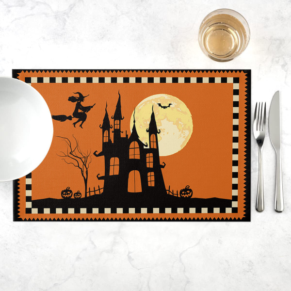 Halloween Placemats Set of 4,Cotton Linen Table Mats Non-Slip Washable Witches Bats Haunted House Scary Castle Pumpkins