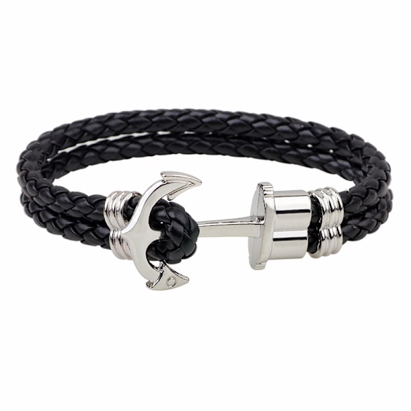 2 stk. Anker Armbånd til Mænd, Vegan Læder og Rustfrit Stål, Anker Armbåndsmodel, Sølvfarvet Rustfrit Stål Armbånd og Vegan Læder
