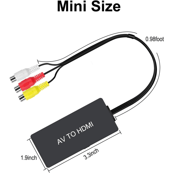 HDMI-konverter, AV til HDMI-adapter, kompositt til HDMI, støtter 1080P, PAL/NTSC kompatibel med WII/WII U/PS one/PS2/PS3