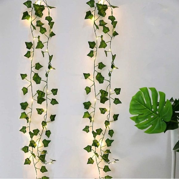 Konstgjord murgröna, [2 st] 2 m ljus kransark, konstgjorda växter med 20 led löv och gröna löv, vinstockar LED-ljus kompatibel med trädgård, innergård, H