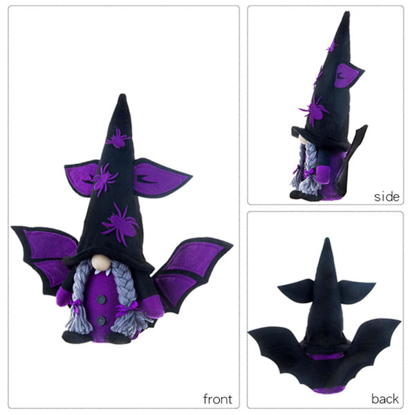 Halloween-tomte med fladdermusvingar och spindelhatt - söt älvdocka, prydnad, hantverk, hem, semester, bord, trappstegsbricka, dekoration, skägg