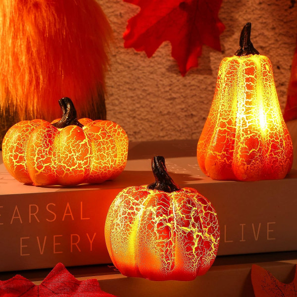 Halloween Light Up Pumpkin 3D Fall Resin Pumpkin for Tiered Tray Decorations Batteridrevet LED Lighted Mini Pumpkin L
