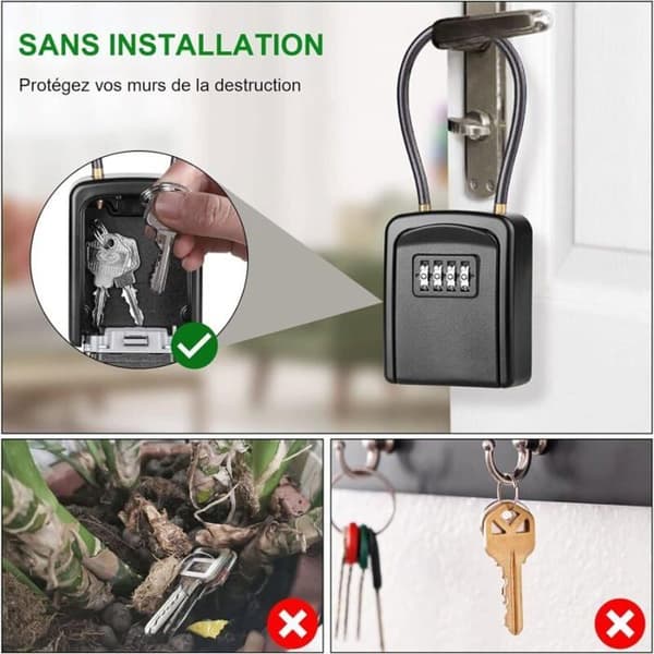 Metal Key Cabinet with Cable, Secure Key Safe with 4-Digit Combination Lock, Waterproof for Outdoor Use, Black