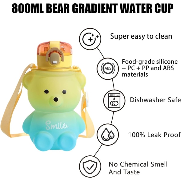 Vattenflaska med sugrör, björnvattenflaska, läckagesäkra söta vattenflaskor BPA-fria, bärbar plastdricksflaska 27oz/800 ml