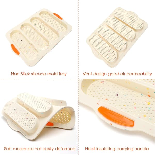 Bakeplate for French bread rolls, four compartments, non-stick silicone mold, for sandwich baguettes, mini tool set.