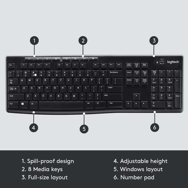 K270 Wireless Keyboard for Windows, Full Size, Numeric Keypad, 8 Multimedia Keys, 2-Year Battery Life, Compatible with PC, Laptop